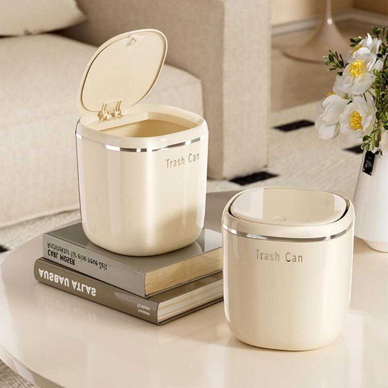Mini Cream Flips Lid Trash Can Durable Plastic For Desk Organization In Dorm And Office With Space Saving