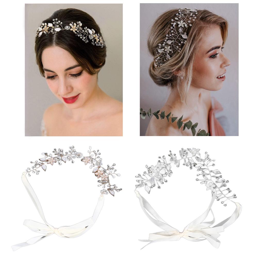 Bridal Crystal Headband Exquisite Flower Leaf Design Soft Ribbon Headpiece for Wedding Birthday Part