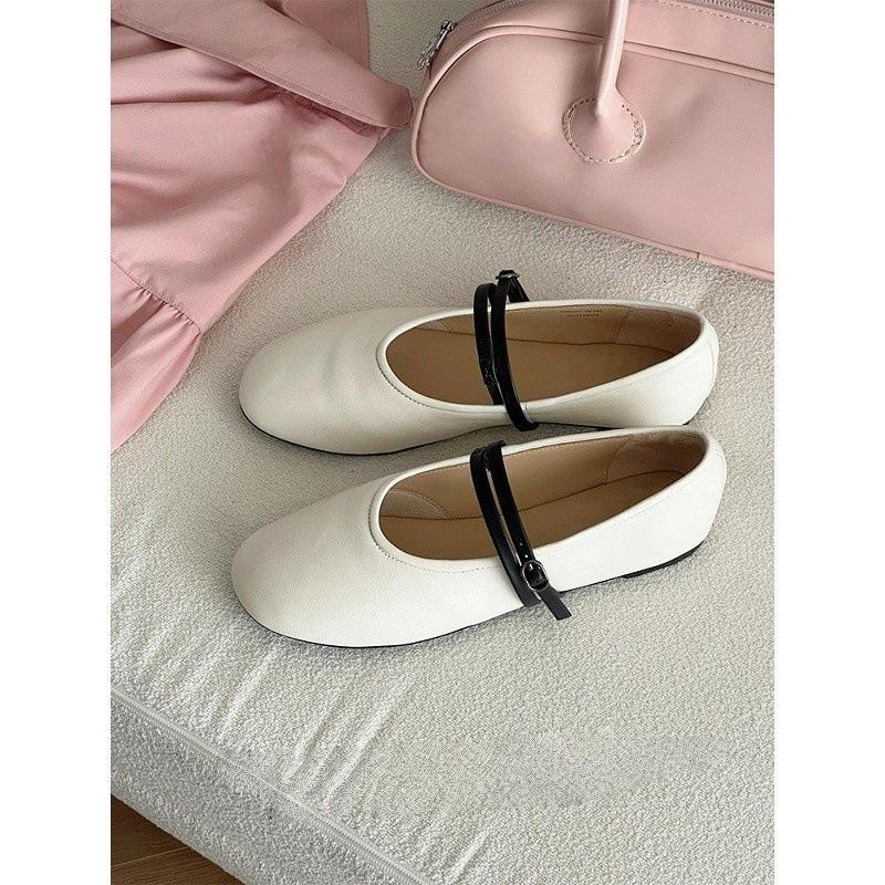 Sheepskin Version~ 2025 New French Round Head Shallow Mouth Flat Sole Shoes Women's Soft Leather Mary Jane Shoes White Ballet Shoes