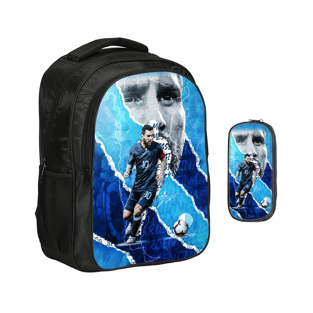 M-Messi Double Layered Backpack Football Star 2Pcs Set Backpack, Sports Pencil Bags School Bags Kids School Mochila Rucksack