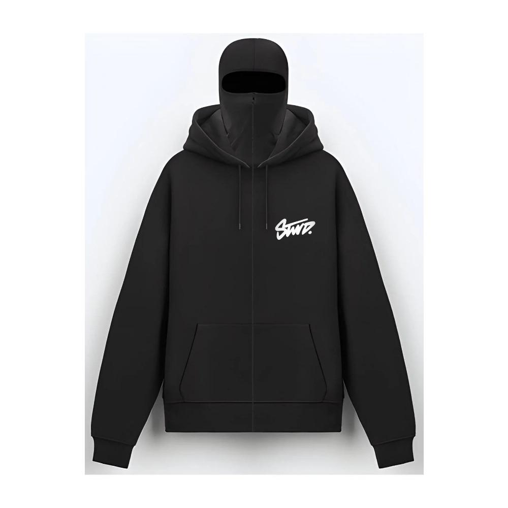 American Casual Sports Jacket Y2K Style Hooded Mask with Double Hood Zipper Design, Outdoor Letter Swd Printed Zipper Sweater