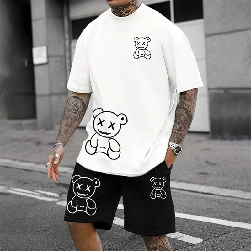 

2025 Fun Bear Harajuku футболка мужская летняя свободная повседневная пара костюм для улицы шорты с коротким рукавом двухсекционный мужской летний костюм L