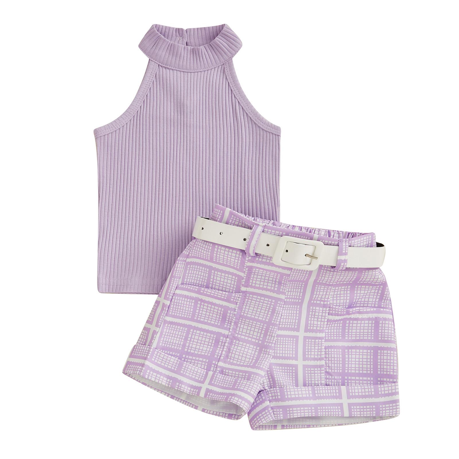 

Летняя одежда для девочек-малышей: однотонные топы с резинкой на шее и шорты с поясом в клетку/ромашки 6-12 Months