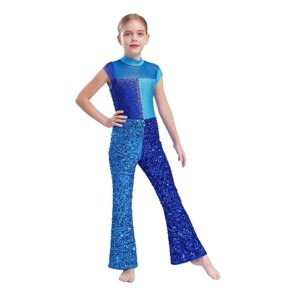 Mädchen Jazz Jumpsuit Ärmellos Mock Neck Keyhole Rücken Design Glitzernder Farbblock Pailletten Bühnenkostüm