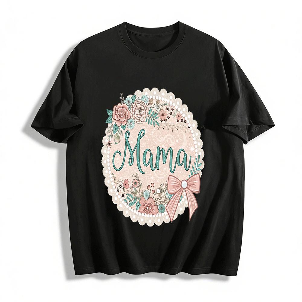 

Vintage Floral Mama Print Top Lace Style Mother s Day Shirt Pure cotton T-shirt XXS