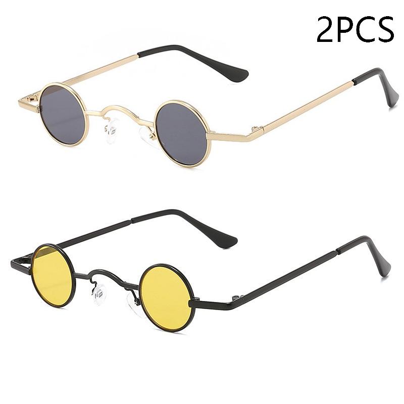 Vintage Rock Punk Sunglasses Small Round Metal Frame Black Lens Wide Bridge Unisex Driving Eyewear Classic Retro Style