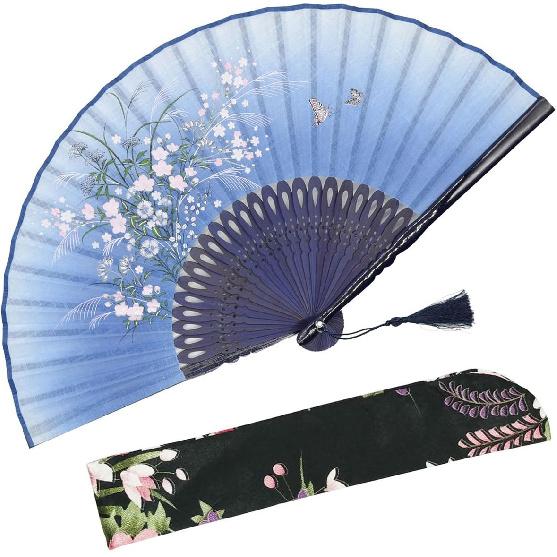 OMyTea Folding Hand Fan for Women - Foldable Chinese Japanese Vintage Bamboo Silk Fan - for Hot Flash, Church, Decoration, EDM, Music Festival,
