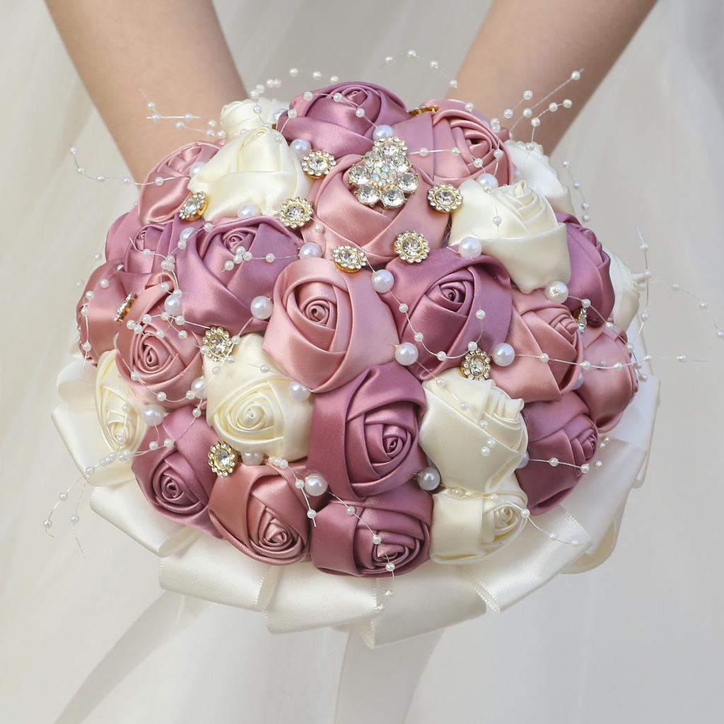 Weißes Staubiges Rosafarbenes Hochzeitsstrauß für Braut mit Kristallperlen-Kette Handgefertigte Satin-Rosenblüte Quinceañera-Strauß