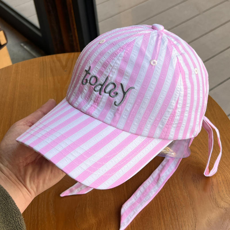 

Korean-Style Girlish Striped Baseball Cap With Girls Bow Ribbon Strap Visor Hat For Everyday Wear And Sun Protection Adjustable