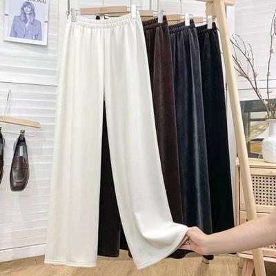 Dames effen elastische taille corduroy wijde pijpen broek casual sport lange pluche broek