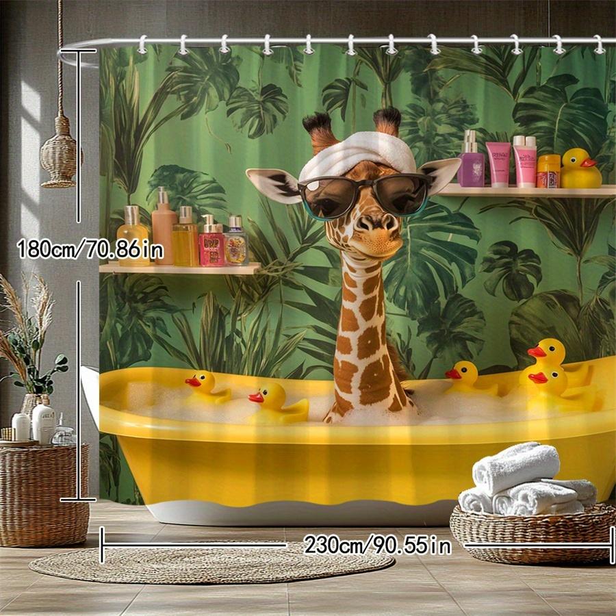 

1 шт. Штора для душа с жирафом в ванне и утками - Игривый жираф с полотенцем и стильными очками, Декор для ванной комнаты в деревенском стиле с джунглями 90x180cm