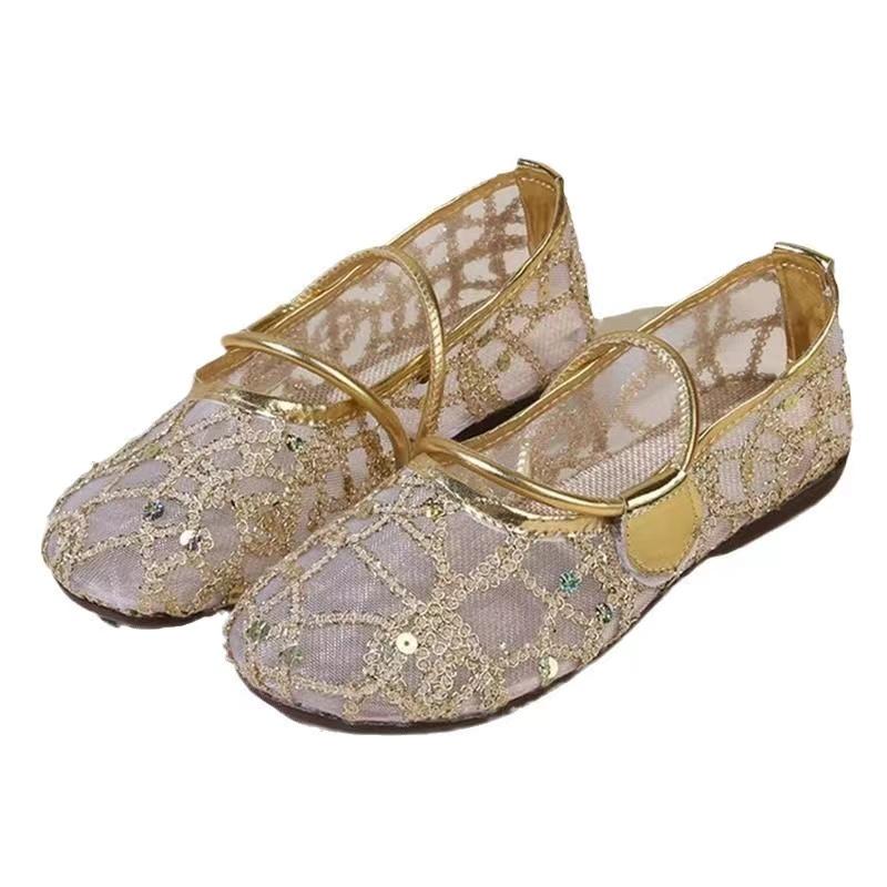 Women Flat Shoes Golden Bling Breathable Casual Shoes for Women Mary Janes Walk Drive Shoes