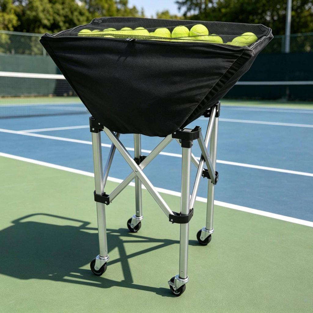 Portable Tennis Ball Cart with Swivel Wheels Folding Basket Organizer for