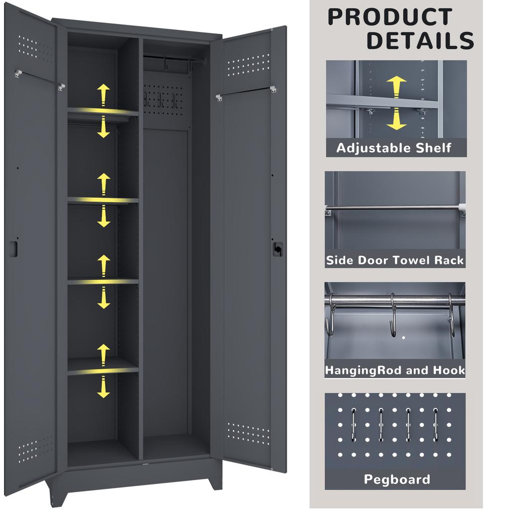Broom Storage Cabinet With Locking Doors And Shelves, 65" H Metal Storage Cabinet With Hanging Rod & S-Hooks, Cleaning Tool Storage Cabinet
