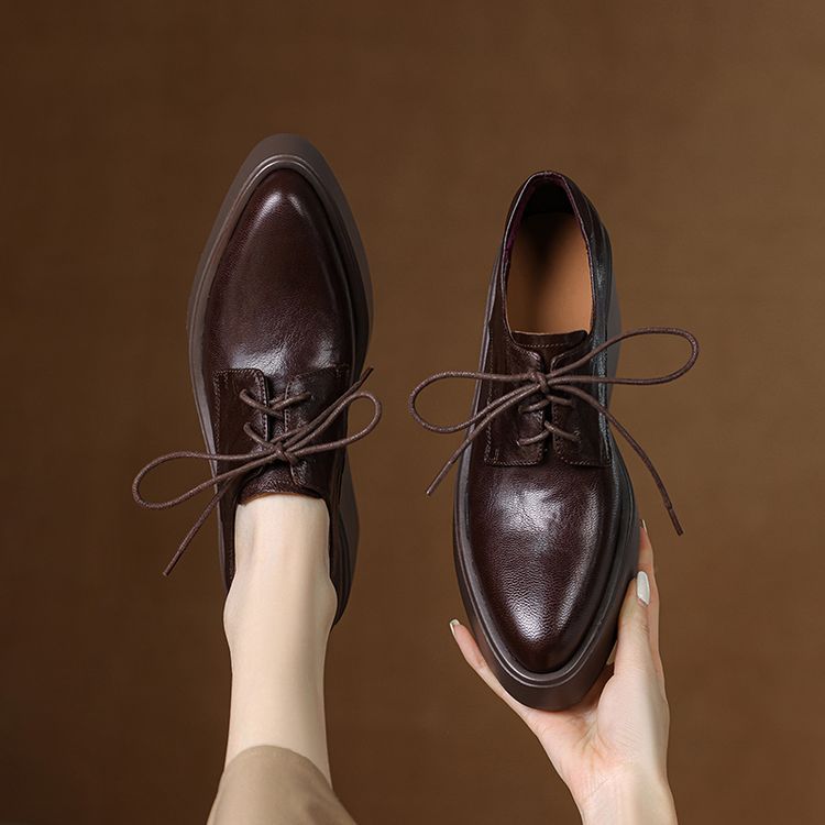 High heel thick sole pointed sheepskin single shoes~ 2025 spring and autumn new lace-up 8cm wedge heel waterproof table leather loafers