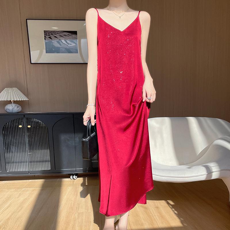 V-Neck Floral Acetate Satin Maxi Dress with Sequins (2025 Summer Collection)