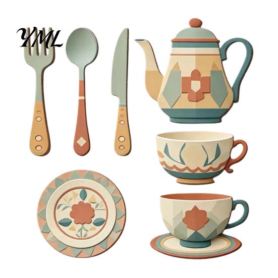 Modern Kitchen Wall Murals 7Pcs 2D Flat Wooden Decor, Retro Teapot Tableware Themed Removable Art for Dining Room Art, Self?Adhesive Plaques