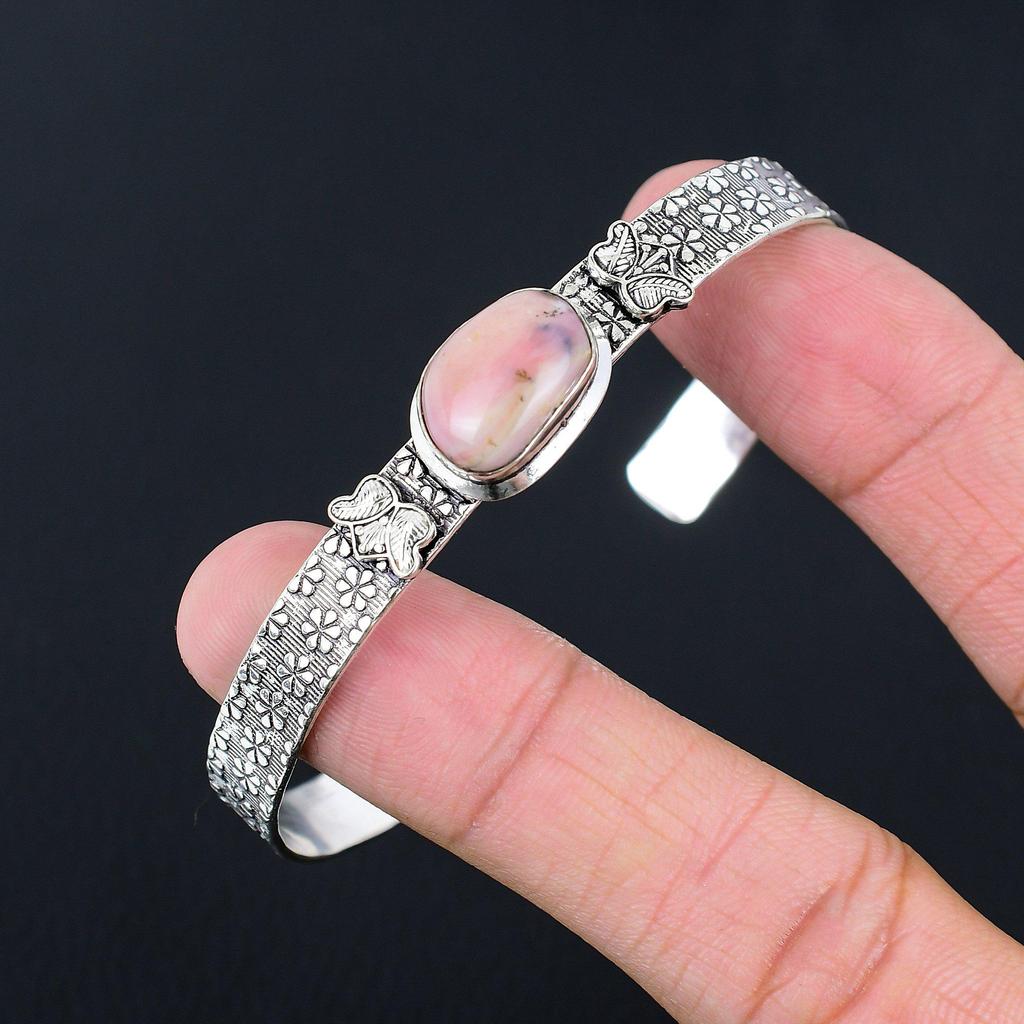 Natural Pink Opal Gemstone 925 Sterling Silver Bangle Adjustable For Women