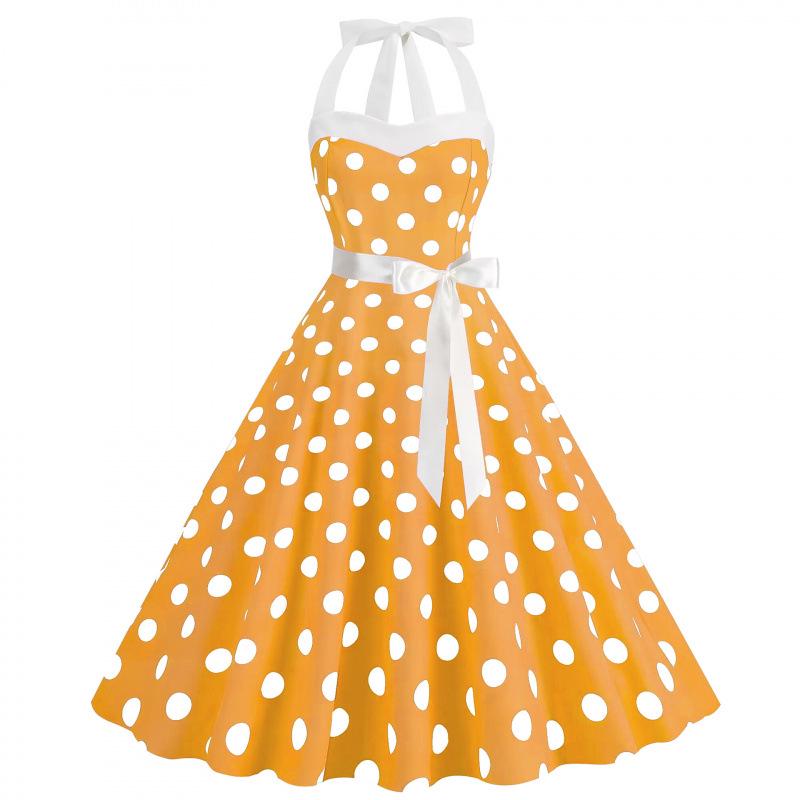 Retro Polka Dot Halter Flared Dress - European & American Hepburn Style with Lace-up Backless Design for Bridesmaid or Performance