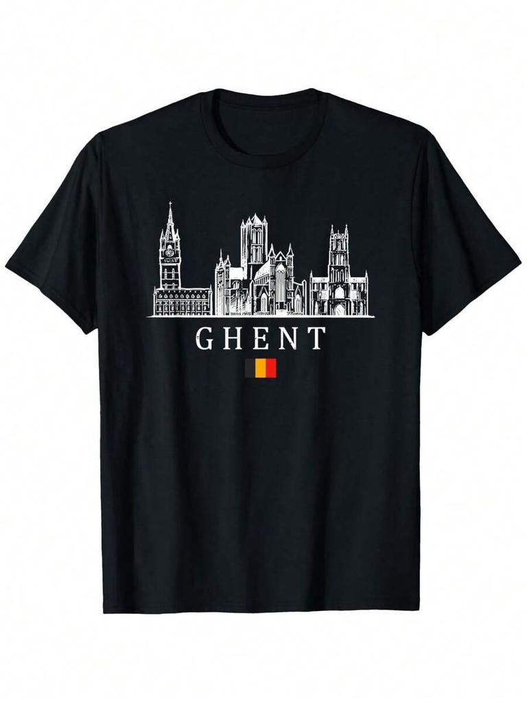 Unisex T-shirt met Grafische Print van Gent, België - 100% Katoen, Zwart met Wit Stadsgezicht Ontwerp