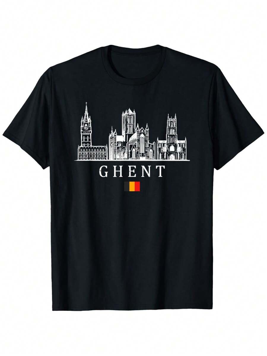 

Unisex S Ghent Belgium Graphic T-Shirt - 100% Cotton, Black With White Cityscape Design XXXL