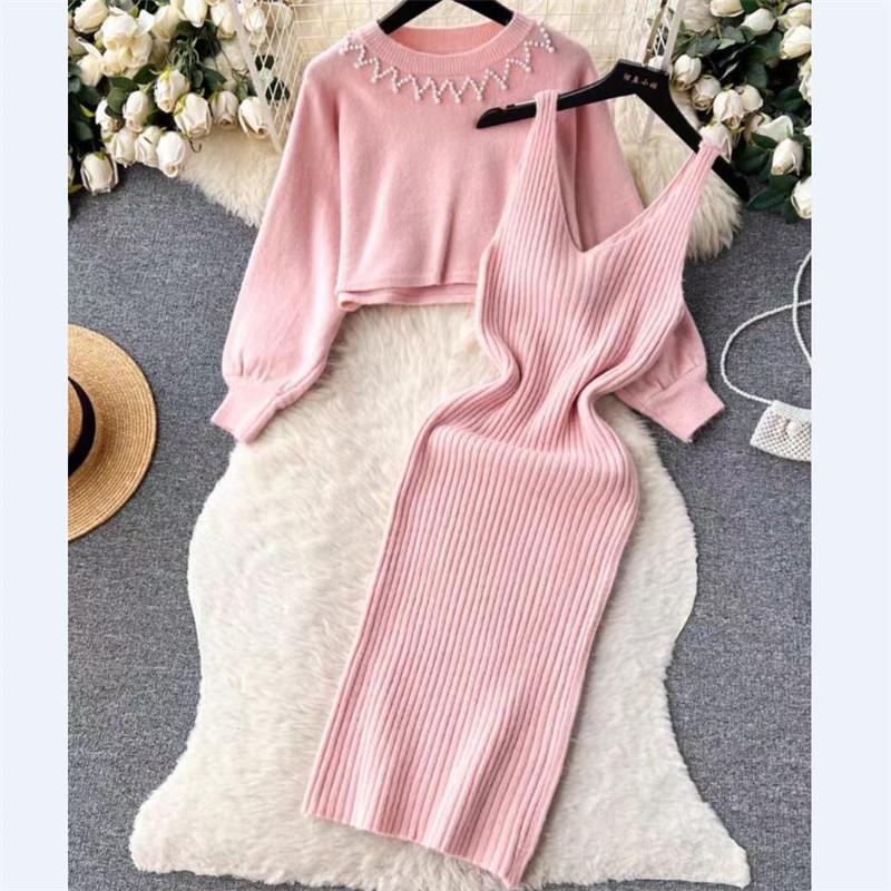 Xiaoxiang Style Beaded High-Waist Two-Piece Sweater and Suspender Dress Set for Autumn/Winter 2024