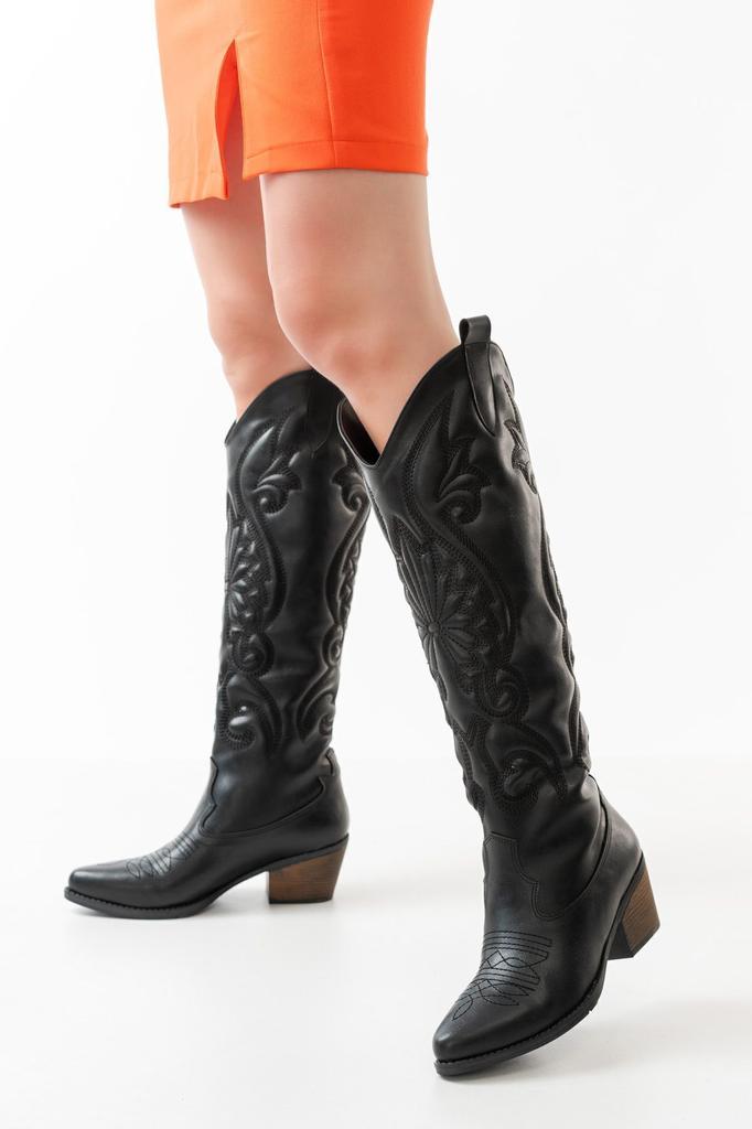 Women Modern Stylish Fashion Boots Faux Leather Suede Black Leather Embroidered Medieval Cowboy Long Boots