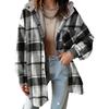 Women's Fashion Classic Casual Fleece Check Jacket Long-Sleeved Autumn/Winter Button-Fastening Colour-Block Hooded Coat