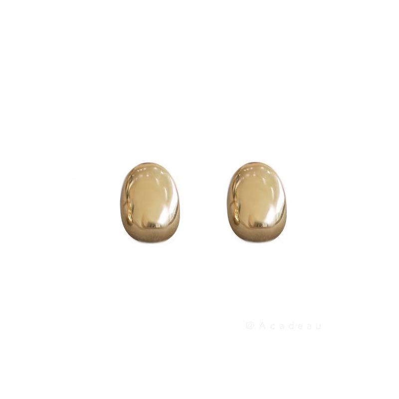 925 Silver Needle Chubby Golden Bean Teardrop Stud Earrings for Women - Smooth, Hollow, Shiny Gold Design, Fashionable Ins Style