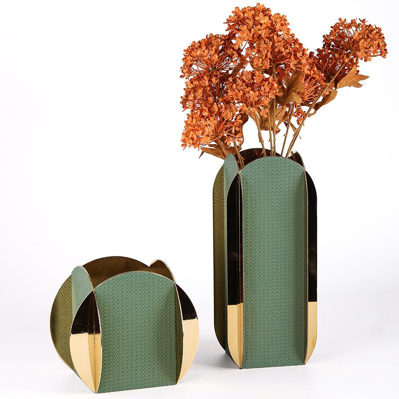 Luxury Geometric Stainless Steel Vase, Leather Art Metal Flower Vase, Living Room Desktop Flower Arrangement, Home Decoration