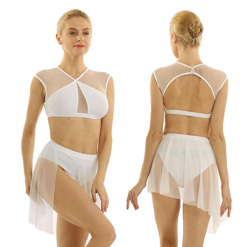 Tanzkleid für Damen, asymmetrisches Mesh-Ballett, lateinamerikanische Tanz-Outfits, überkreuzte Crop-Tops und kurzer Rock