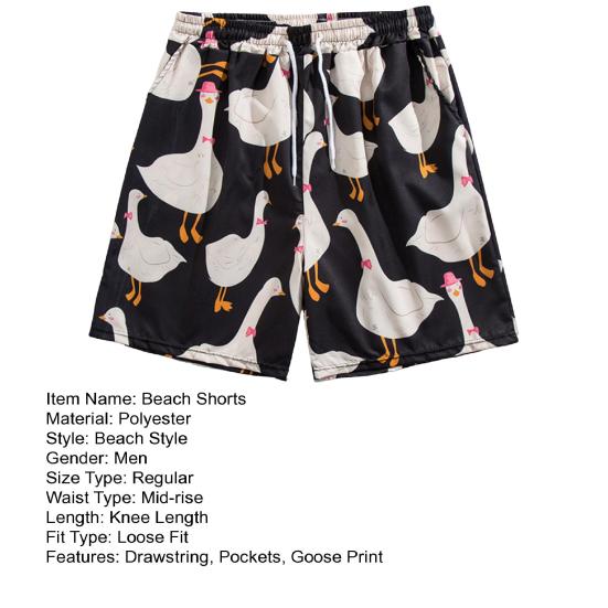 Men Beach Shorts Elastic Waist Adjustable Drawstring Cartoon Goose Print Beach Shorts Quick Drying Leisure Shorts