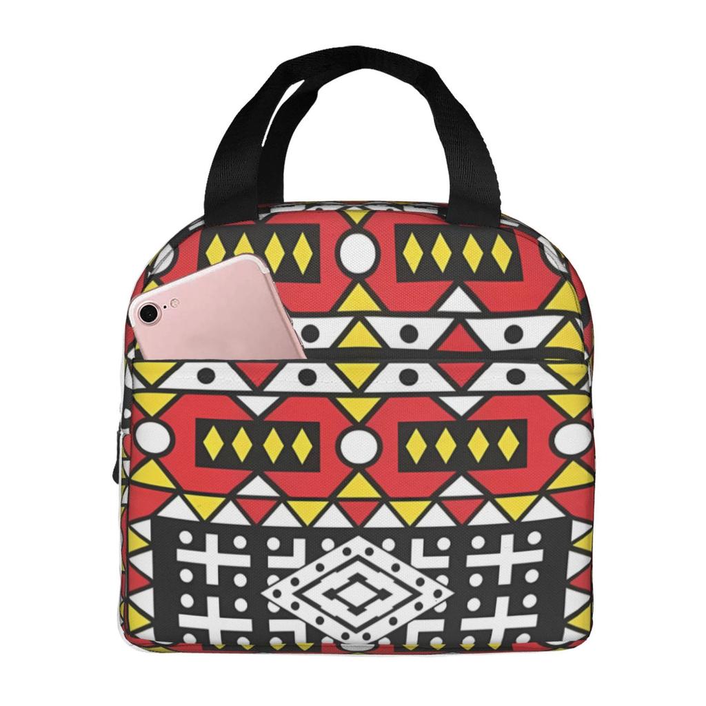 African Ethnic Geometric Colorful Pattern Lunch Tote Bag Insulated Leakproof Lunch Box Container with Front Pocket for Girls Boy