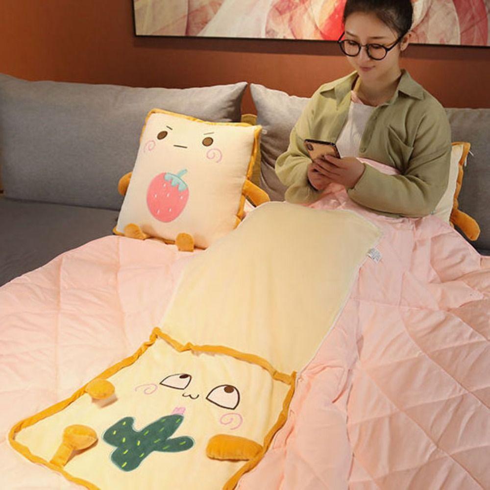 Plush Pillow Blanket Cartoon Pattern Air Conditioning Quilt Portable Nap Blanket Sofa