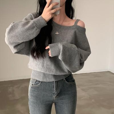Korean Retro Off-Shoulder Long-Sleeve Knitted Sweater for Women