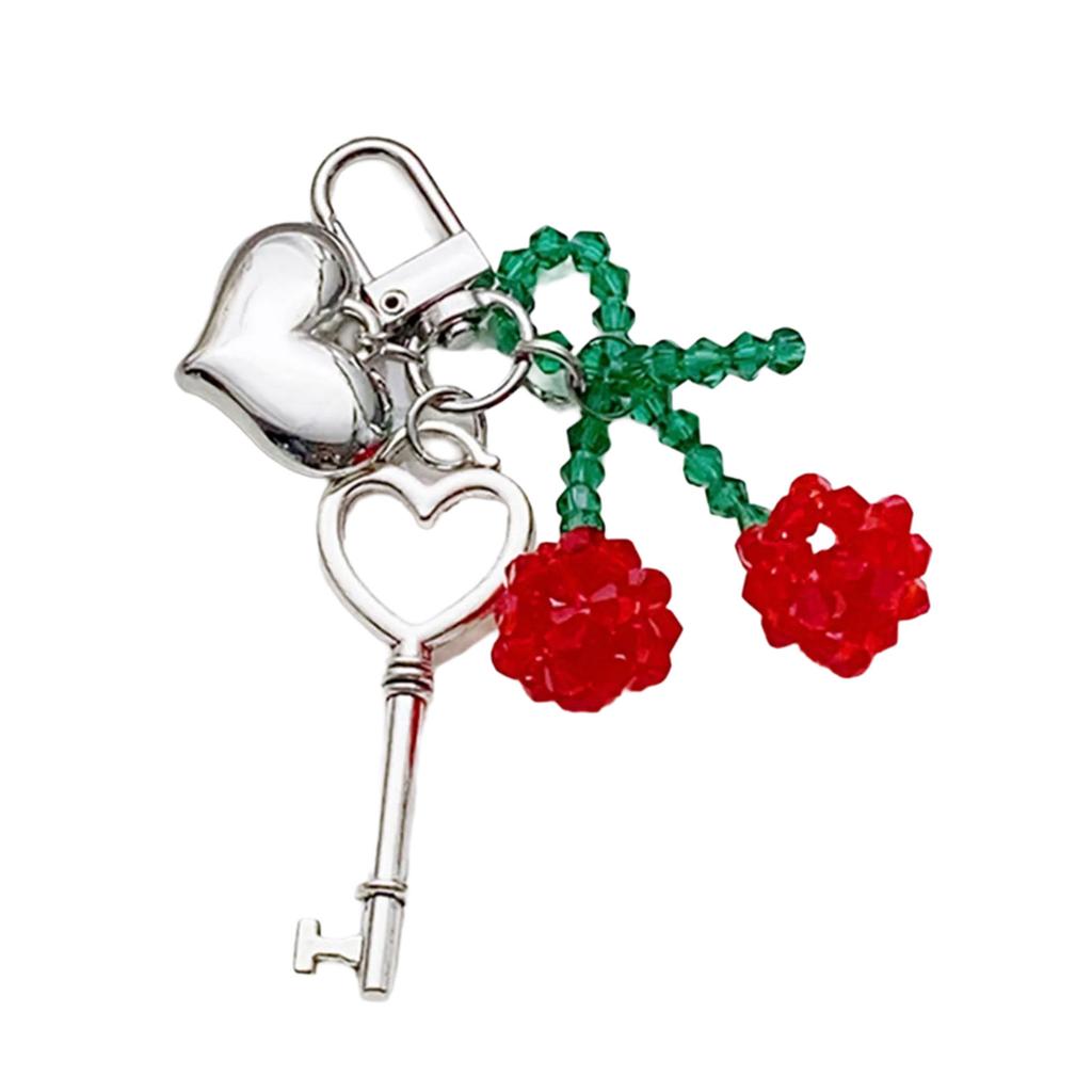 Handmade Crystal Cherrys Heart Lock Keychain Stylish Woven Charm Pendant for Fashionable Women Ladies Daily Use