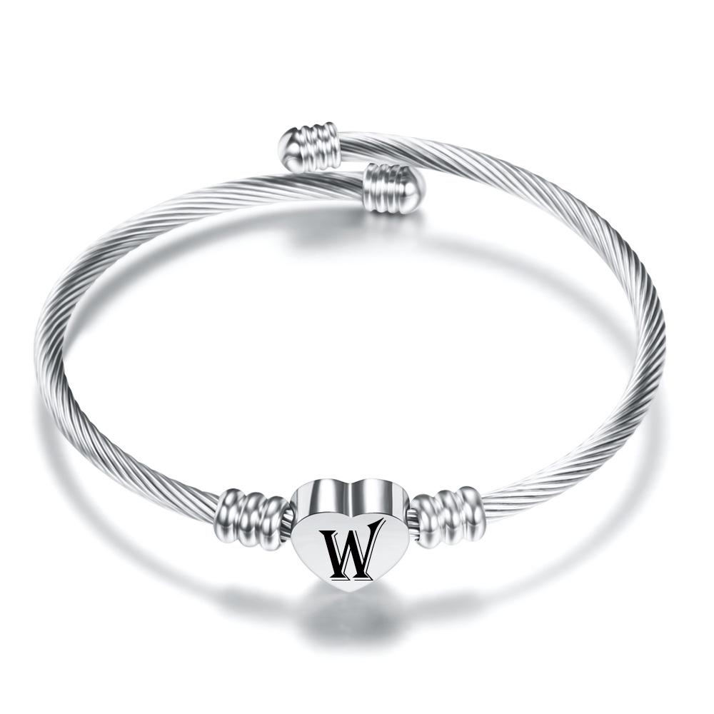 Popular European and American Heart-Shaped Bracelet with 26 Letters and Dice Font In Stainless Steel Wire.