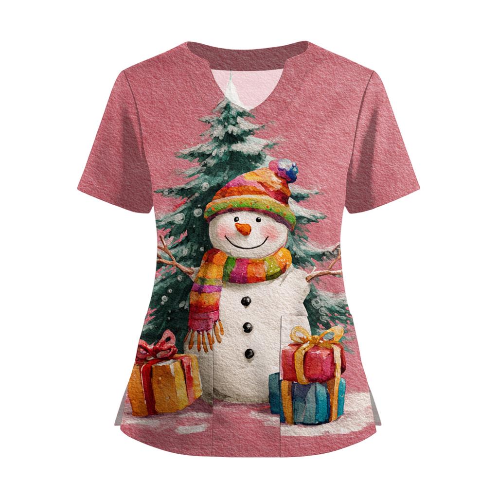 Women's Short Sleeved Christmas Printed V-neck Buttonable Side Slit Top T-shirt