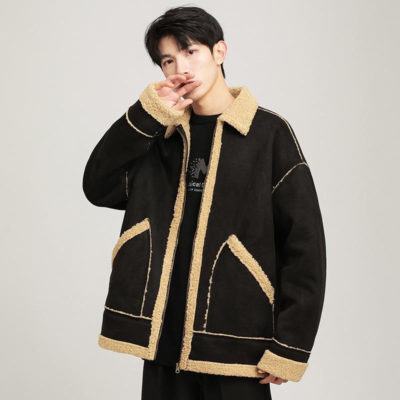 Premium Casual Versatile Lamb Wool Jacket Men's Thickened Fur Integrated Locomotive Autumn and Winter Lapel Suede Cotton-padded Jacket
