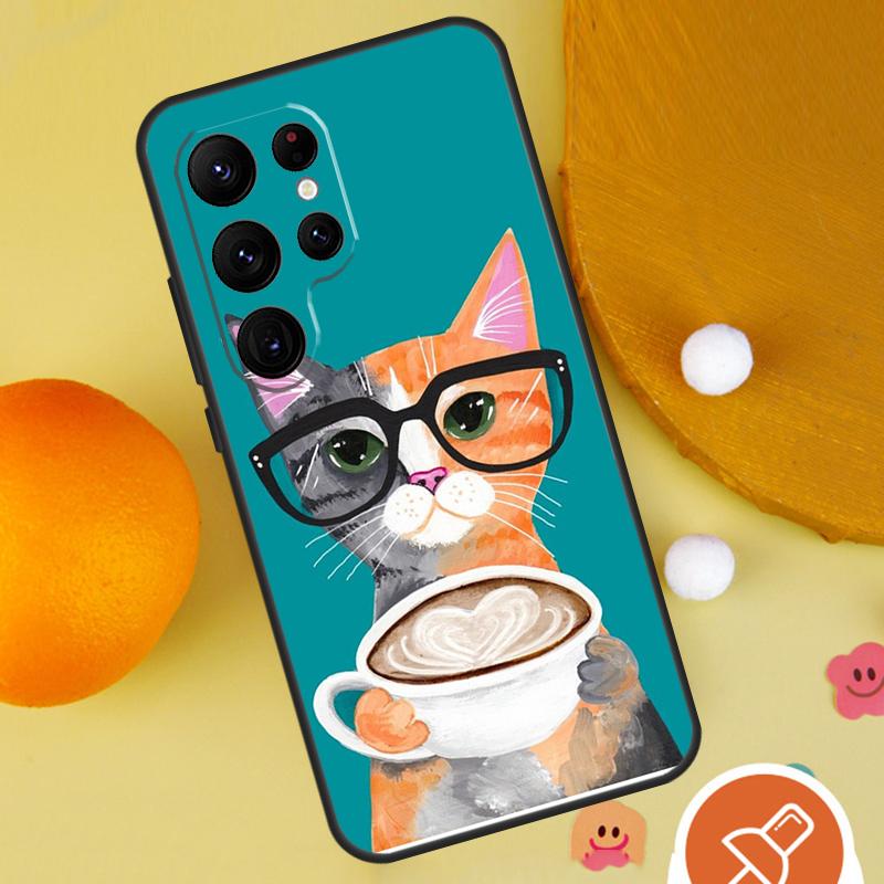 Cute Animal Cat Coffee Case For Samsung Galaxy S25 Ultra S24 S23 S22 S21 Ultra S9 S10 S20 Plus S24 FE Funda Cover