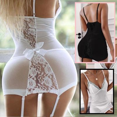 Women Lace Lingerie V-Neck Bra Thong With Garter Underwear Pajamas Suit Set