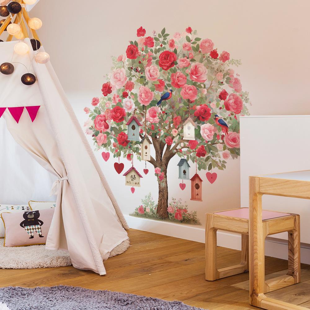 Les Fleurs Roses sur Le Grand Arbre et Les Stickers Muraux Décoratifs pour Le Salon et La Chambre de La Maison d'Oiseau