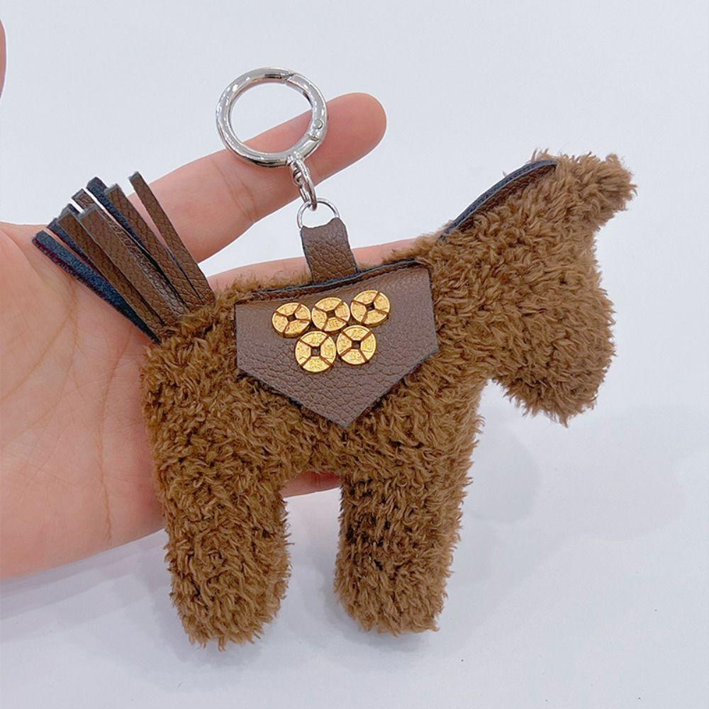 Cute Cloth Pony Pendant Pu Leather Horse Year Key Ring Cartoon Plush Horse Keychain  Hanging