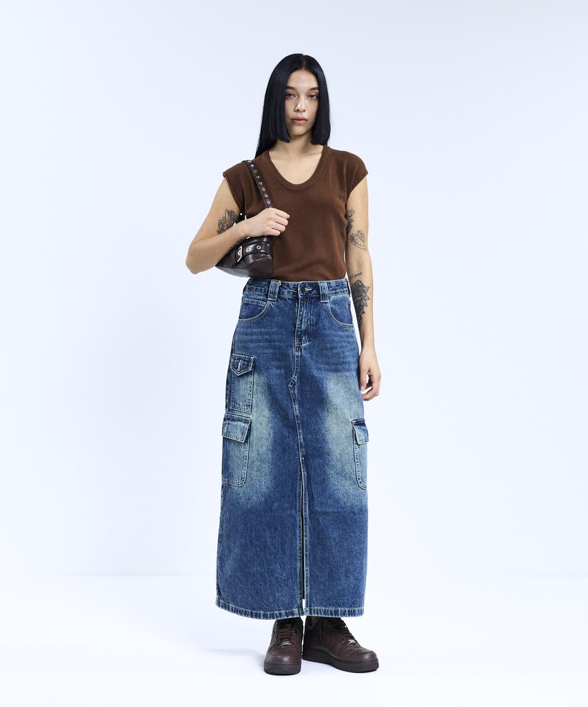 Viva Brown 85-Vivaj073 Cat Sand Washed Slit Pocket Long Denim Skirt Indigo