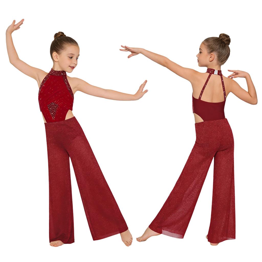 Modern Dansdräkt för Flickor: Ärmlös Bodysuit med Utskärningar, Strassprydd Överdel och Vida Ben för Balett Lyrical Latin Jazz