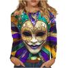 3D Mardi Gras Mask Printed Top Casual Long Sleeved Women's T-shirts - Soft Medium Stretch Polyester Fabric Spring and Autumn Relaxed Fit Clothing