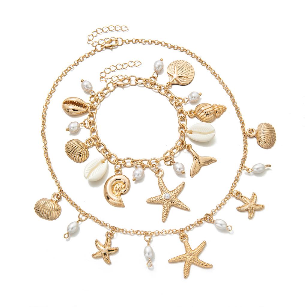 Wind Starfish Conch Pearl Set, Vintage Gold Layered Necklace, Bohemian Style Accessories