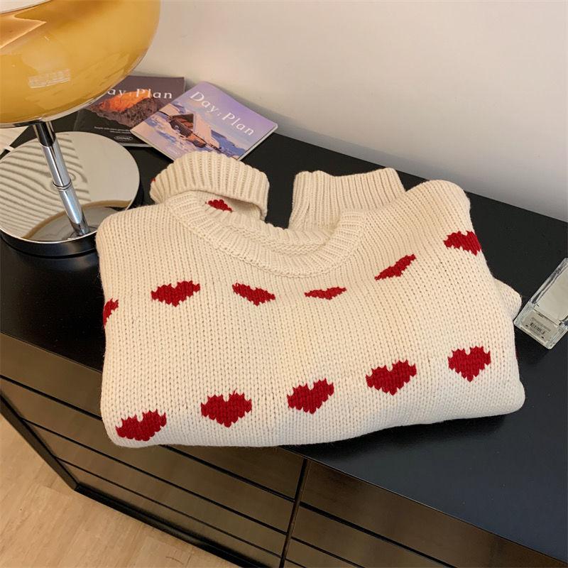 Women's Autumn & Winter Sweet Cute Heart Fashion Jacquard Sweater Lazy Loose Crew Neck Knit Top Short Style