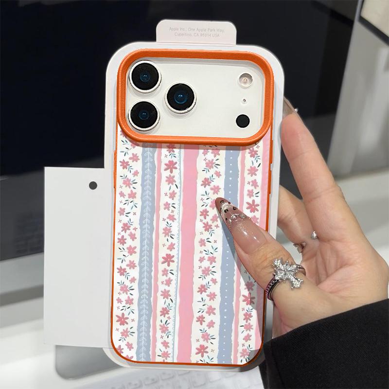 Floral Stripe Pattern Case For iPhone 17 16 Pro Max Luxury Leather Texture Matte Silicone Cover For iPhone 15 14 13 Pro Max 11 16e 17e