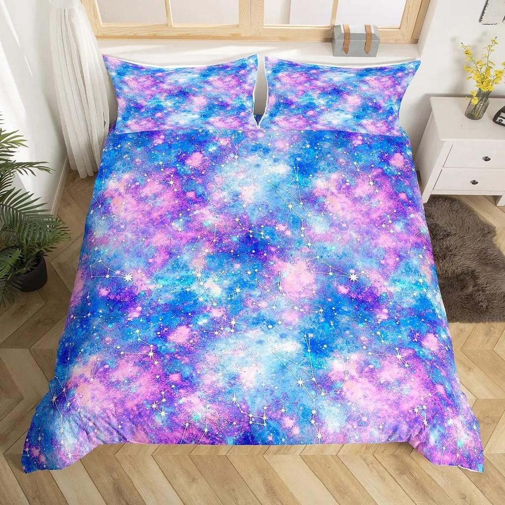 Sparkling Stars Bedding Set Galaxy Duvet Cover Pink Constellation Astrology Zodiac Nebula Comforter